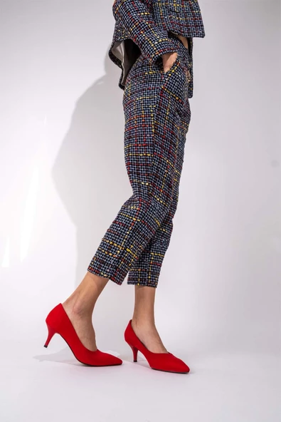 Kadın Kısa Topuklu Kırmızı Süet Stiletto Ayakkabı - Candy - 3