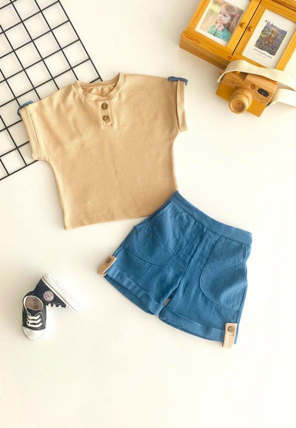 Neşeli Bebekler Petek Kumaş Badili Müslin Şortlu Takım Mavi