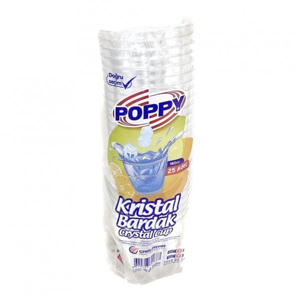 Poppy Şeffaf Plastik Kristal Bardak - 180 Cc. - 180 Ml. - 25 Adetlik 1 Paket
