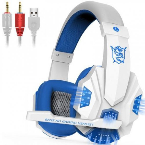 Polham 2.2 Metre Kablolu Mikrofonlu Kulaklık, Oyuncu Gaming Kulaklık Kafaüstü  USB ve 3.5MM Girişli Kulaklık