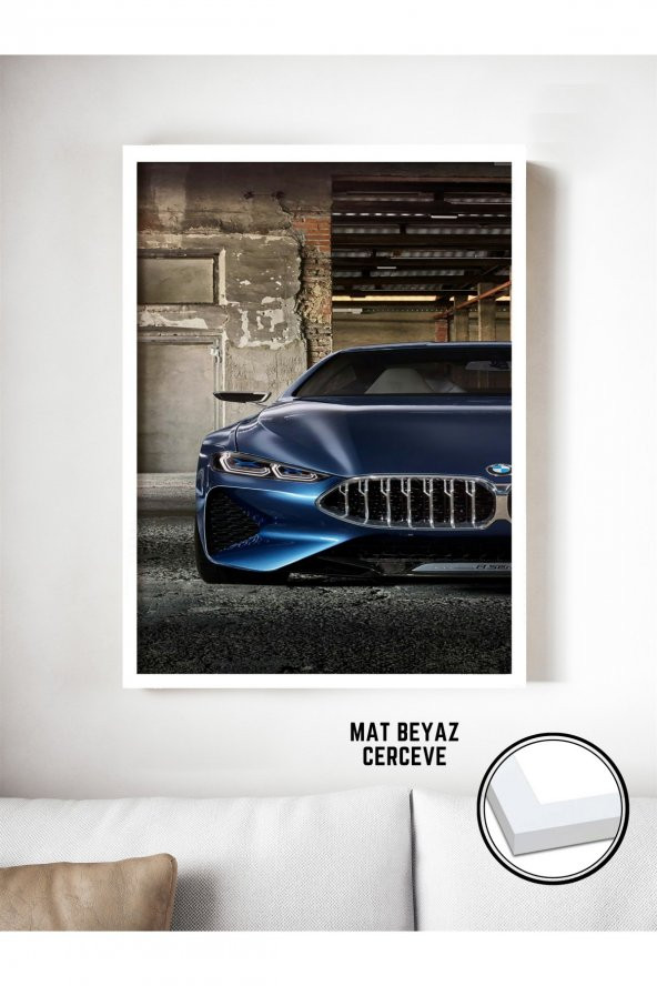Yakın Çekim Bmw Mavi Araba Dekoratif Beyaz Çerçeveli Tablo
