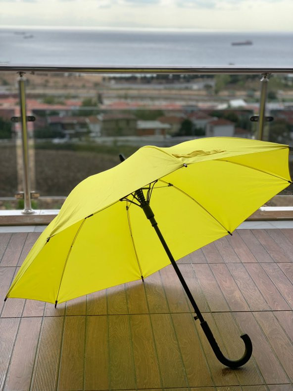 8 Telli Otomatik Fiberglass Baston Sarı Renkli Yağmur Şemsiyesi