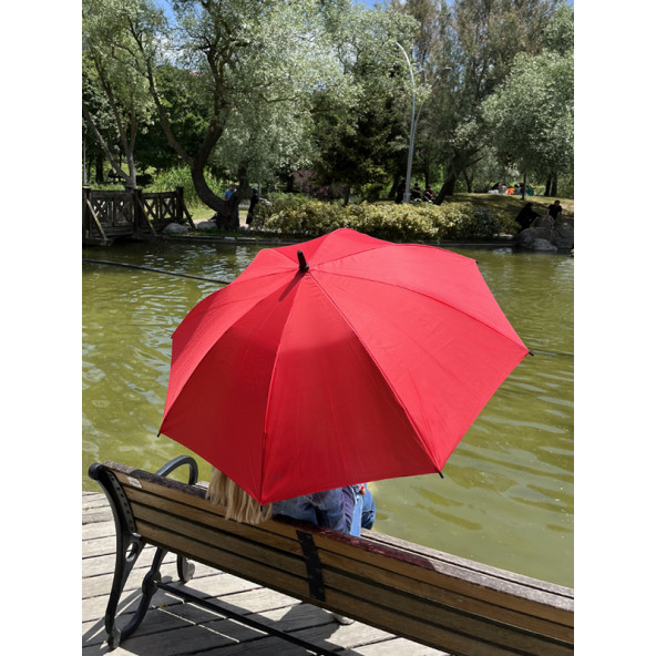 8 Telli Otomatik Fiberglass Baston Kırmızı Renkli Yağmur Şemsiyesi