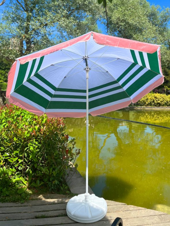 Yeşil-Beyaz-Pembe Renkli 8 Tel Fiberglass Gövdeli 360C° Dönen Başlıklı Plaj Deniz Şemsiyesi 2 Metre