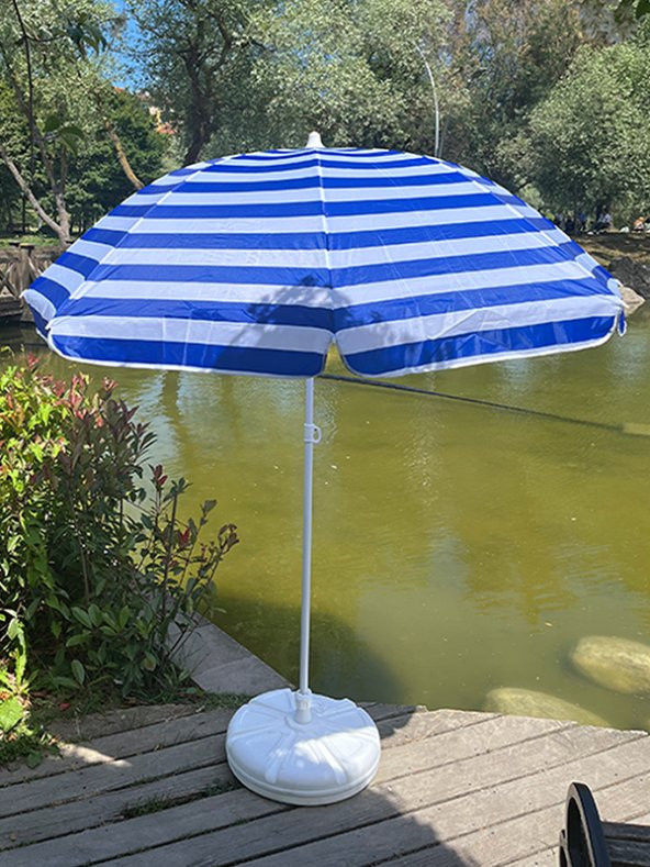 Lacivert-Beyaz Renkli 8 Tel Fiberglass Gövdeli 360C° Dönen Başlıklı Plaj Deniz Şemsiyesi 2 Metre