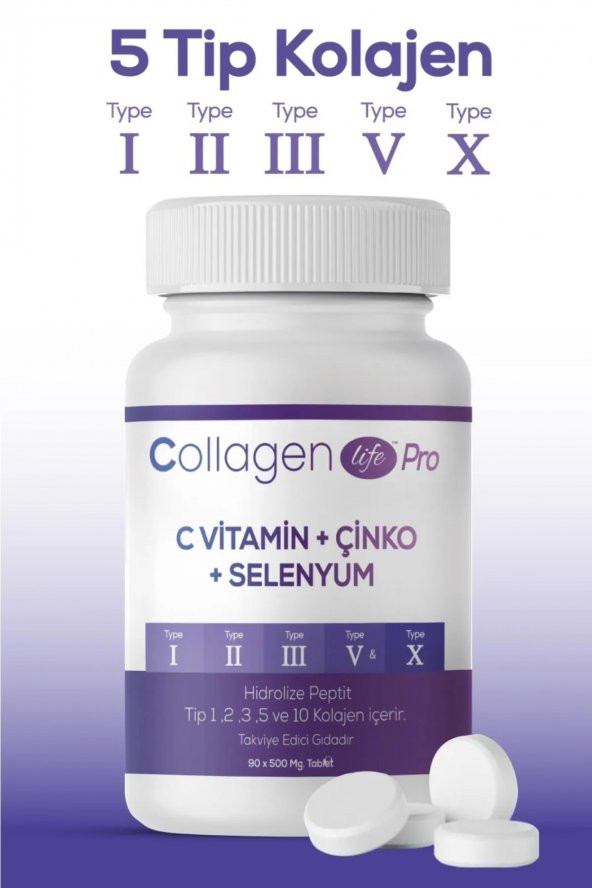 Kolajen Tip 1, Tip 2, Tip 3, Tip 5 ,tip 10, ( Selenyum , C Vitamini Ve Çinko ) 90 Tablet