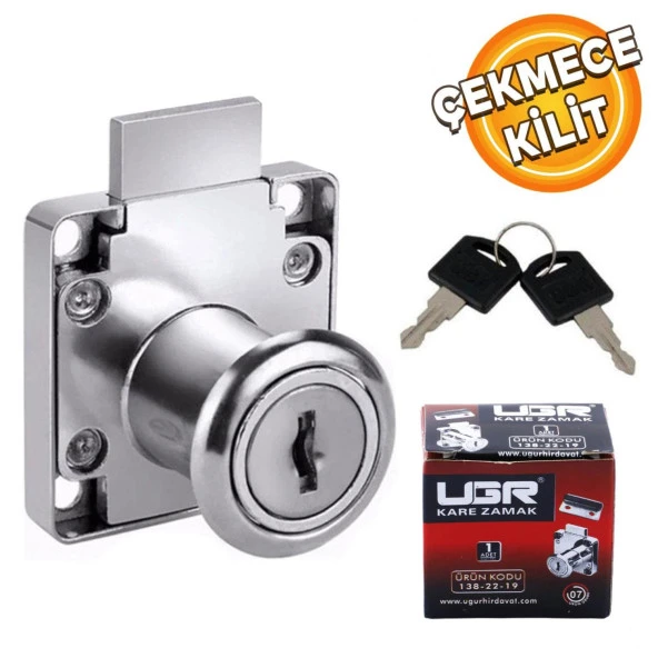 Ugr Kare Mobilya Çekmece Dolap Kilidi Nikel Krom 2 Anahtarlı Kilit 4x4 cm 22 mm