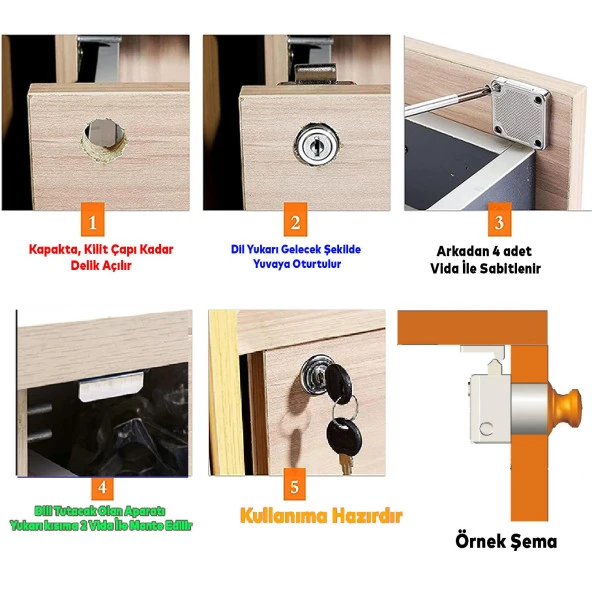 Ugr Kare Mobilya Çekmece Dolap Kilidi Nikel Krom 2 Anahtarlı Kilit 4x4 cm 22 mm - 4