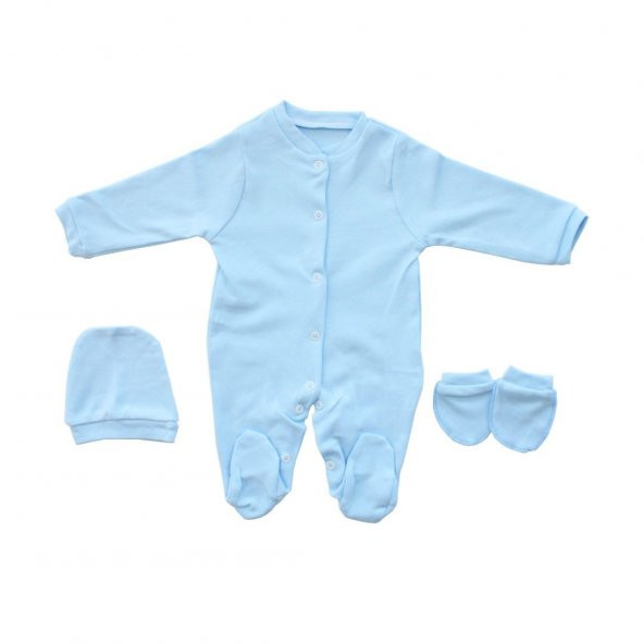 Mavi Bereli Eldivenli Bebek Tulum Set