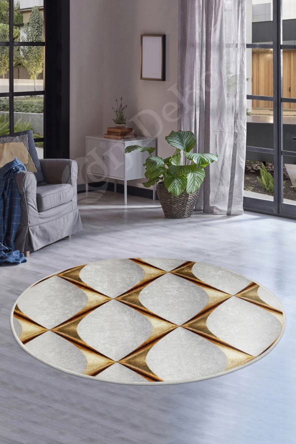 DijiDekor KY7059 Gold Saçaksız Dijital Yuvarlak Halı Kaymaz Yıkanabilir Mutfak Antre Salon Halısı
