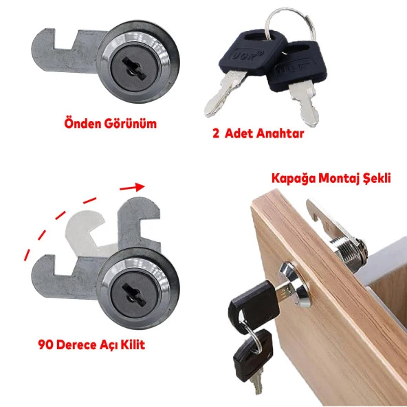 Ugr Mandallı Çekmece Kilidi 2 Anahtarlı Metal Mobilya Dolap Kilidi - 3