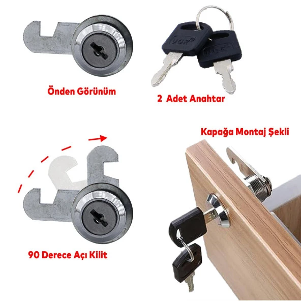 Ugr Mandallı Çekmece Kilidi 2 Anahtarlı Metal Mobilya Dolap Kilidi - 3