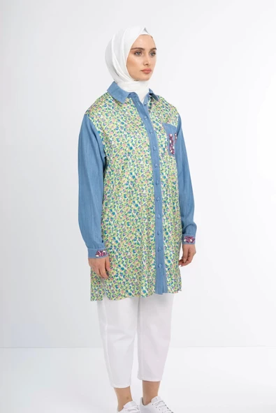 Taş İşlemeli Tencel ve Desen Kumaşlı Tunik - Desen - 3 - 4