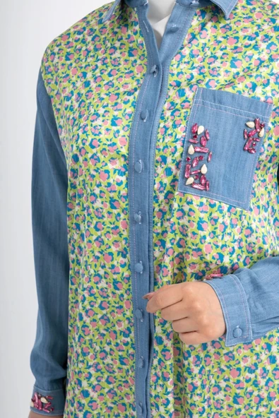 Taş İşlemeli Tencel ve Desen Kumaşlı Tunik - Desen - 3 - 8