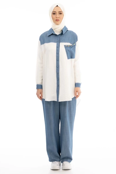 Taş İşlemesi Fay Tencel Tunik - Ekru