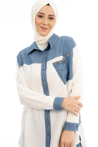 Taş İşlemesi Fay Tencel Tunik - Ekru - 7