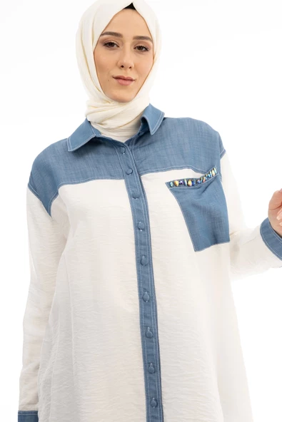 Taş İşlemesi Fay Tencel Tunik - Ekru - 6