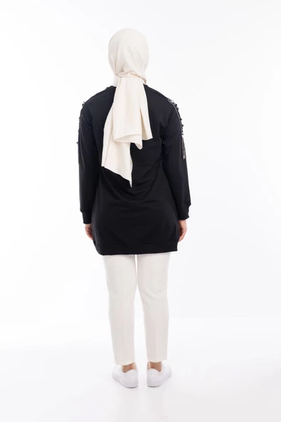 İPEKSİ İKİ İPLİK SWEATSHIRT KOLU PUL VE ZİNCİR İŞLEMELİ - Siyah - 2