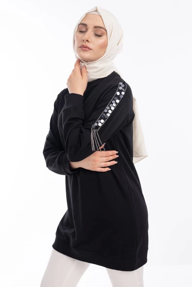 İPEKSİ İKİ İPLİK SWEATSHIRT KOLU PUL VE ZİNCİR İŞLEMELİ - Siyah - 8