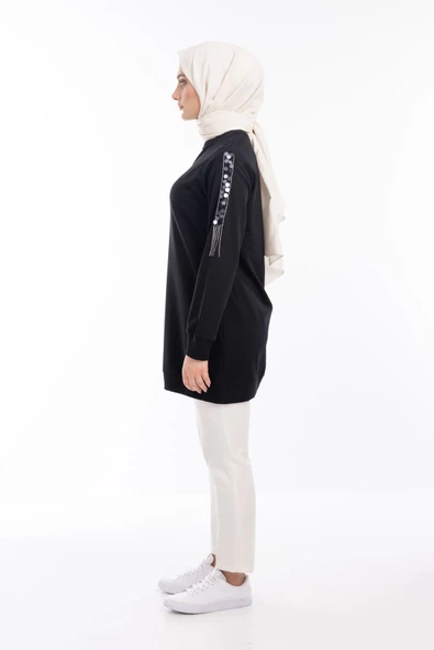 İPEKSİ İKİ İPLİK SWEATSHIRT KOLU PUL VE ZİNCİR İŞLEMELİ - Siyah - 7