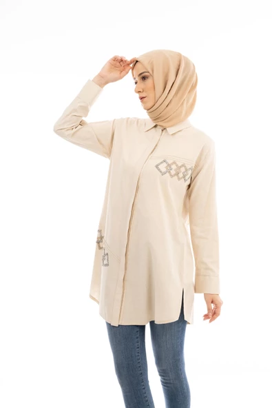 TAŞLI GÖMLEK - Bej - 4