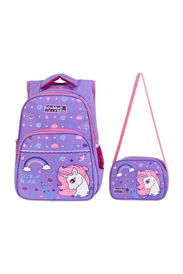 Waddell Little Horse Desenli İlkokul Çantası ve Beslenme Çantası Lila Kayısı 6004 - 2