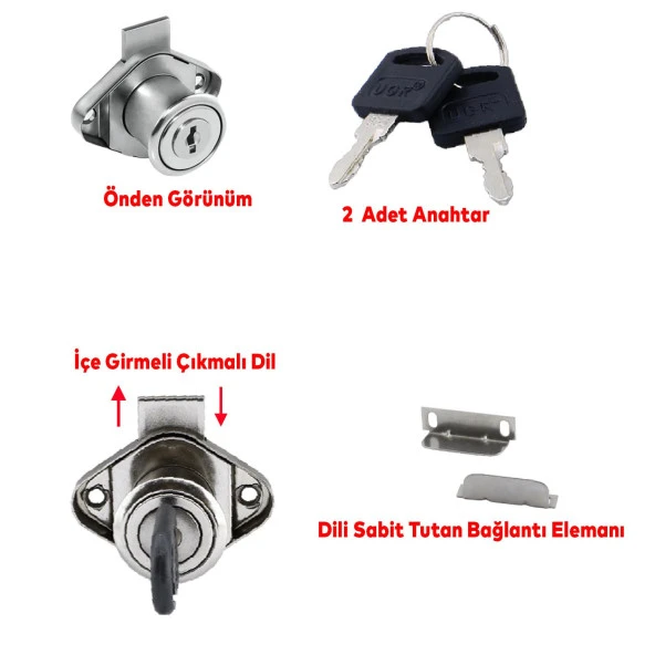 Ugr Oval Silindir Mobilya Çekmece Dolap Kilidi Nikel Krom 2 Anahtarlı Kilit 22 mm 5 ADET - 3