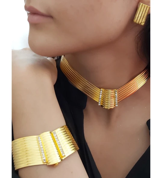 Gerçek Altın Görünümlü 1. Kalite imitasyon Trabzon Bilezik + Gerdanlık + Küpe ürün görseli 1