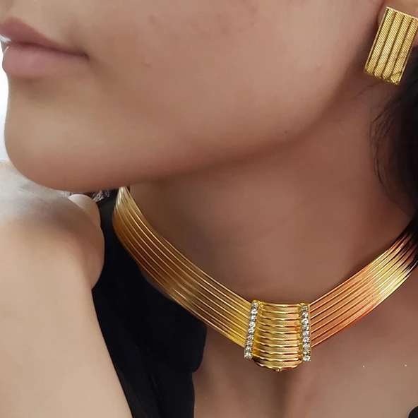 Gerçek Altın Görünümlü imitasyon Trabzon Gerdanlık + Küpe Hediye Garantili ürün görseli