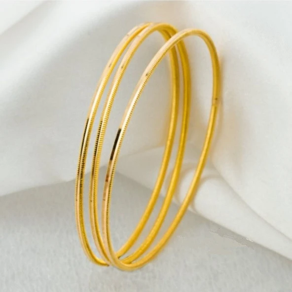 Garantili Gold Gerçek Altın Görünümlü ince Ajda Ray Parlak Sade 3 Adet Bilezik