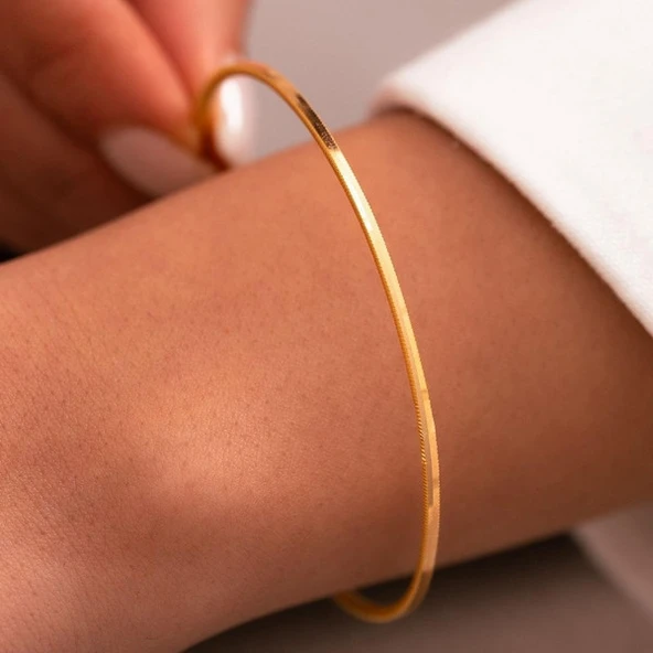 Garantili Gold Gerçek Altın Görünümlü ince Ajda Ray Parlak Sade 1 Adet Bilezik