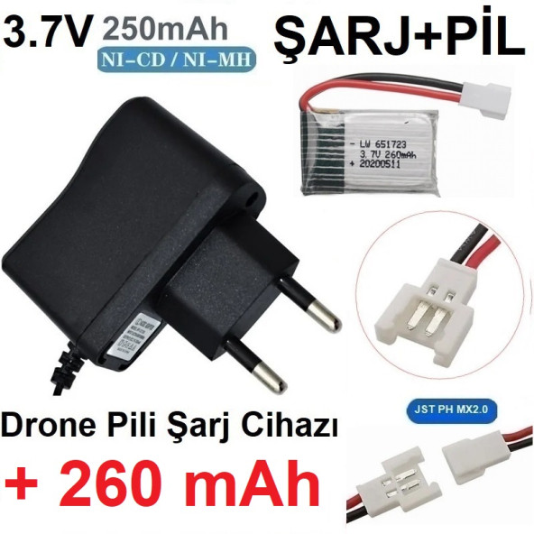 Drone Pili Şarj Cihazı + 260 Mah Pil Jst Ph Mx2.0 Fiş Güç Adaptörü 3.7v 250mah