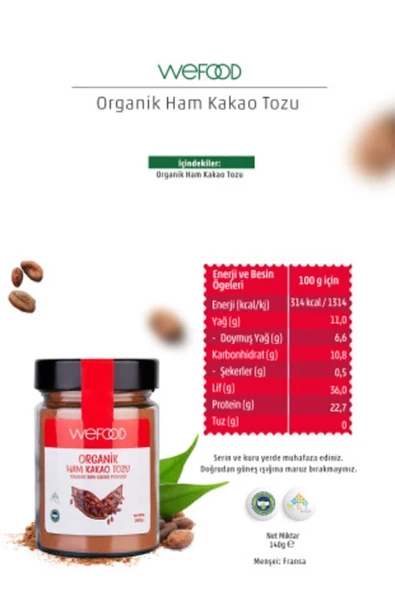 Wefood Organik Ham Kakao Tozu 140 gr 2li - 3