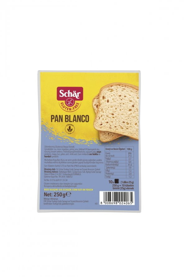 Schar Pan Blanco Ekmek 250 Gr 8 Adet