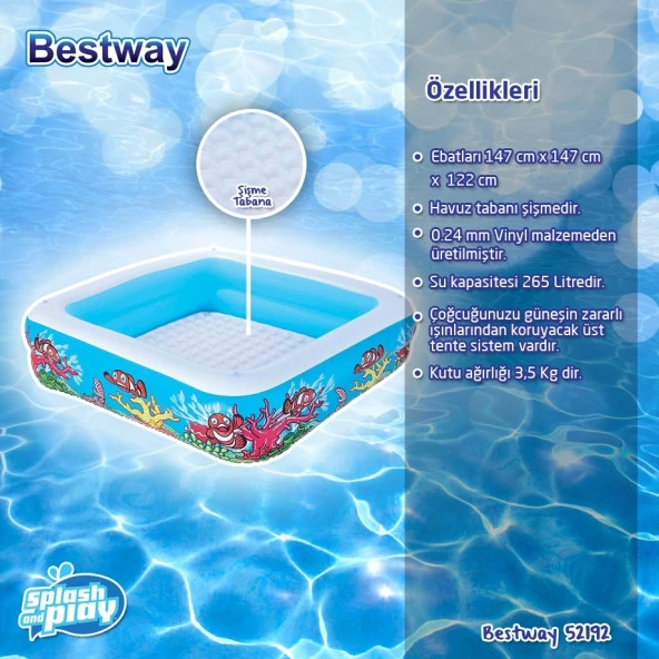 Bestway Şişme Zemin,  Üstü Çıkarılabilir UV Korumalı Şişme Çocuk Havuzu (147x147x122cm)- 52192 - 6