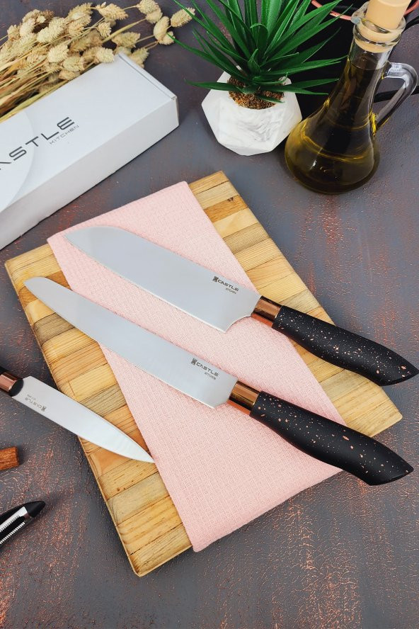 CASTLE KITCHEN Black Copper Serisi 3 Lü Mutfak Bıçak Seti Santaku - Ekmek - Sebze