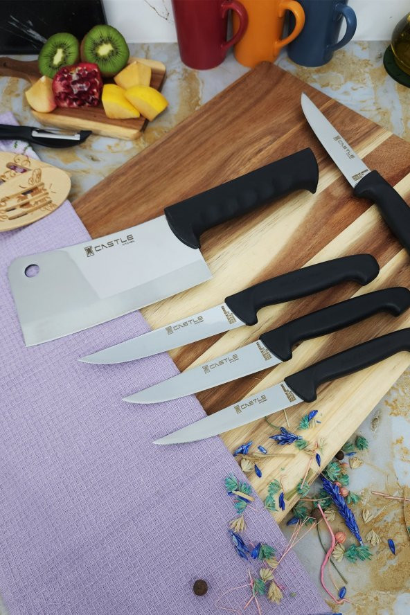 CASTLE KITCHEN Incisive Mutfak Bıçak Seti 5li Et Ekmek Sebze Meyve Bıçağı Tavuk Et Satırı Zırhı