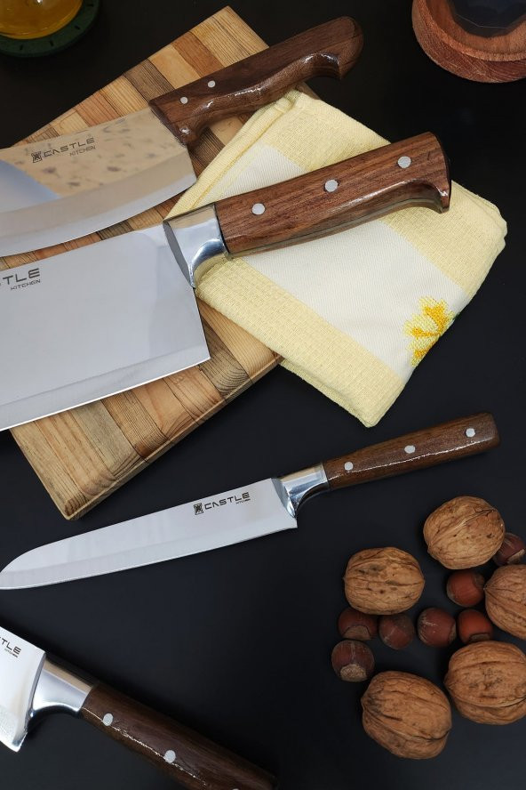 CASTLE KITCHEN Mutfak Bıçak Seti 4lü Et Ekmek Sebze Şef Bıçağı Soğan Salata Pide Kıyma Börek Doğrayıcı Satırı - 2