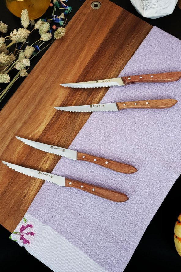 CASTLE KITCHEN Mutfak Bıçak Seti 4 Lü Steak Et Kahvaltı Yemek Bıçağı Gül Dalı Sap Kısmı