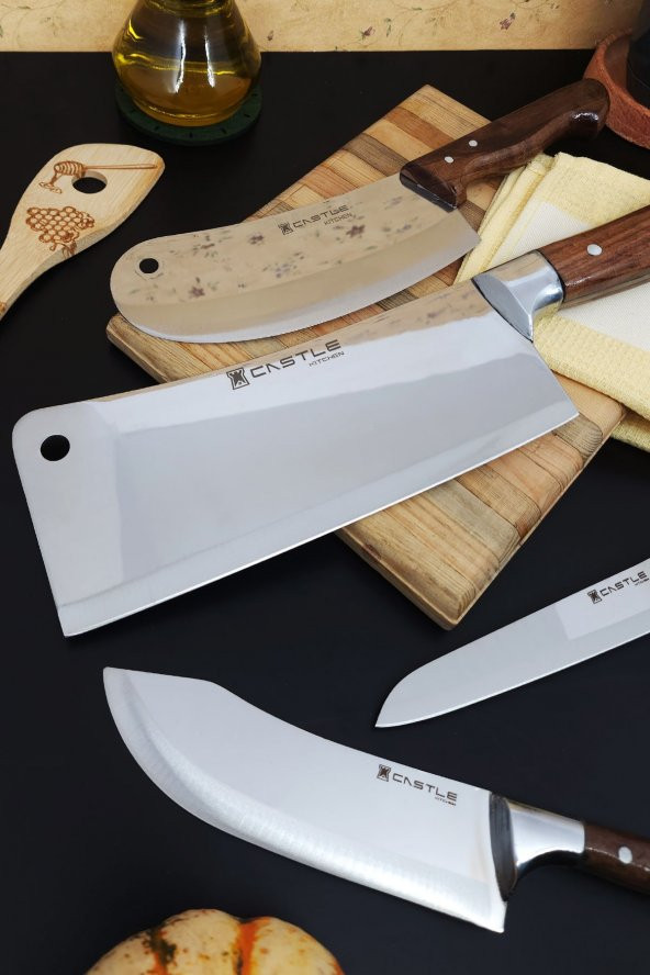 CASTLE KITCHEN Mutfak Bıçak Seti 4lü Et Ekmek Sebze Şef Bıçağı Soğan Salata Pide Kıyma Börek Doğrayıcı Satırı - 3