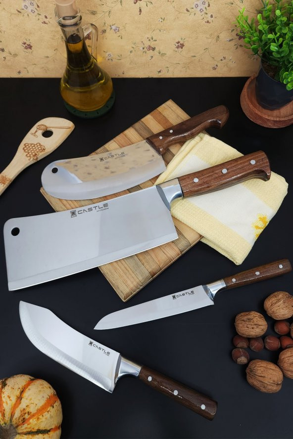 CASTLE KITCHEN Mutfak Bıçak Seti 4lü Et Ekmek Sebze Şef Bıçağı Soğan Salata Pide Kıyma Börek Doğrayıcı Satırı - 1