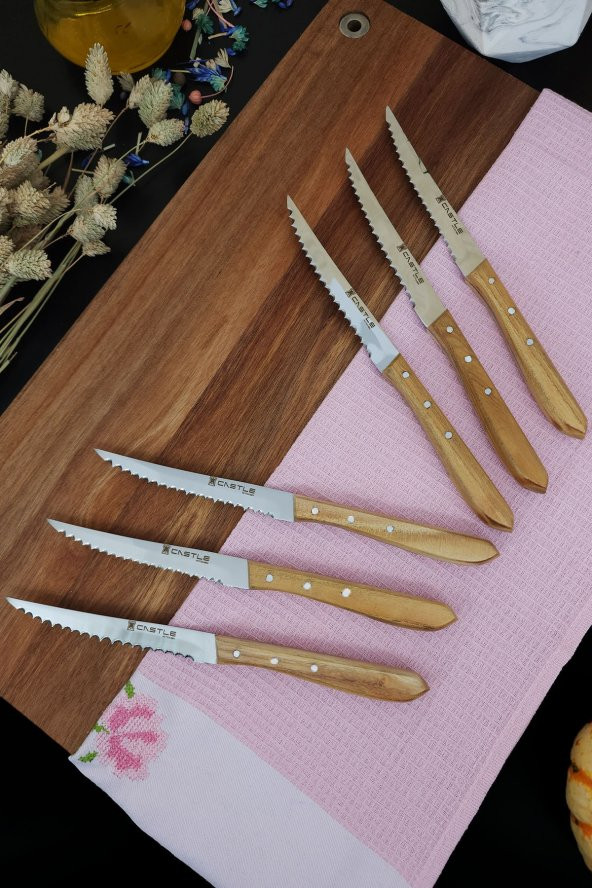 CASTLE KITCHEN Mutfak Bıçak Seti 6lı Steak Et Kahvaltı Yemek Bıçağı Dut Ağaç Sap Kısmı