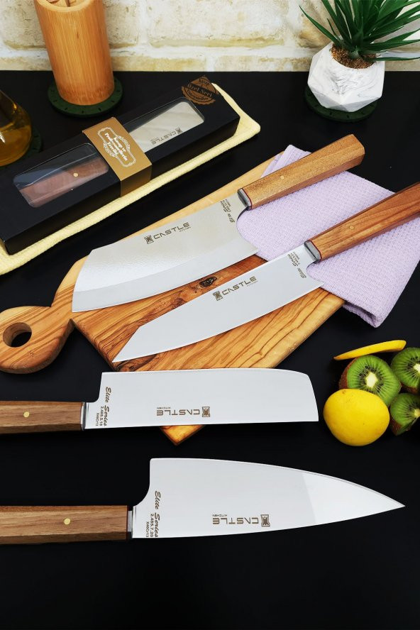 Elite Serisi 4lü Mutfak Bıçak Seti Şef Bıçağı ( Kiritsuke - Santakubig - Nakiri - Miyabi )
