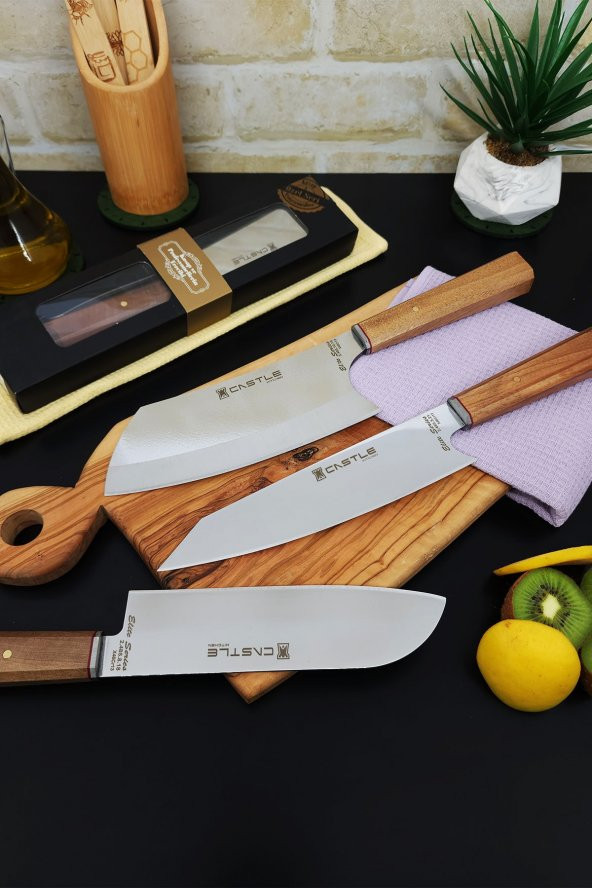 Elite Serisi 3lü Mutfak Bıçak Seti Şef Bıçağı Et Ekmek Sebze (KİRİTSUKE - SANTAKUBİG - SANTAKU)