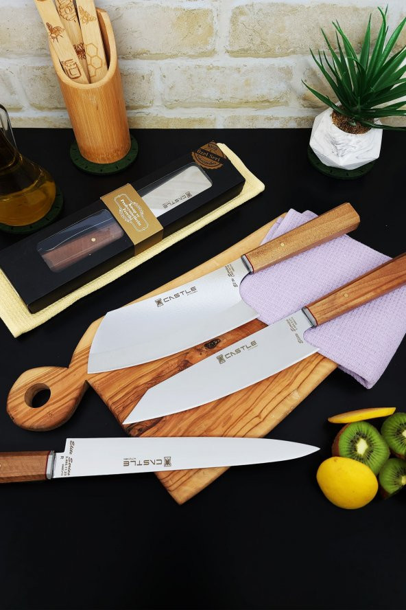 Elite Serisi 3lü Mutfak Bıçak Seti Şef Bıçağı Et Ekmek Sebze Bıçağı (KİRİTSUKE-SANTAKUBİG-GYOTOU)