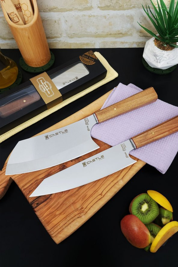 Elite Serisi 2li Mutfak Bıçak Seti Şef Bıçağı Et Ekmek Sebze Bıçağı ( Kiritsuke - Santaku Big )