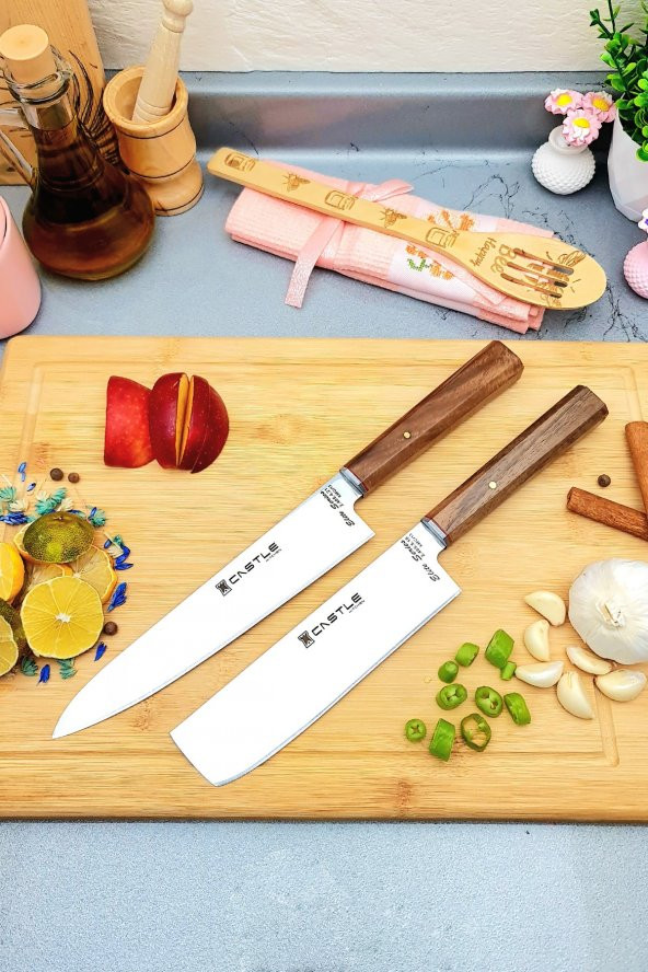 CASTLE KITCHEN Elite Serisi 2li Mutfak Bıçak Seti Şef Bıçağı Et Ekmek Sebze Bıçağı ( Nakiri - Gyotou )