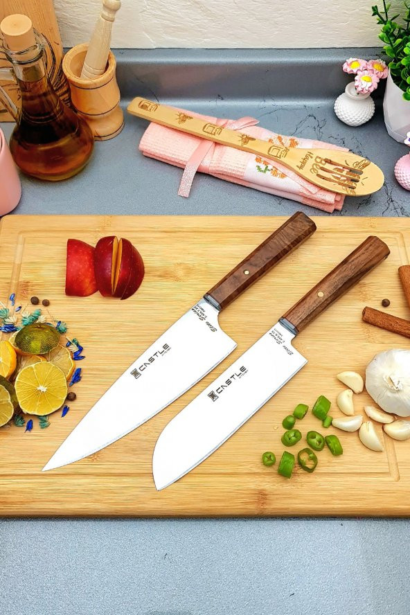 CASTLE KITCHEN Elite Serisi 2li Mutfak Bıçak Seti Şef Bıçağı Et Ekmek Sebze Bıçağı ( Santaku - Miyabi )