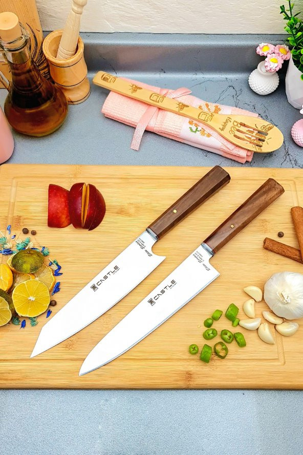 Elite Serisi 2li Mutfak Bıçak Seti Şef Bıçağı Et Ekmek Sebze Bıçağı ( Kiritsuke - Fleto Doğrama )