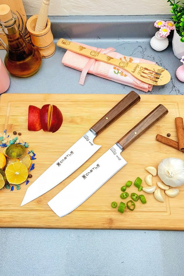 CASTLE KITCHEN Elite Serisi 2li Mutfak Bıçak Seti Şef Bıçağı Et Ekmek Sebze Bıçağı ( Nakiri - Kiritsuke )